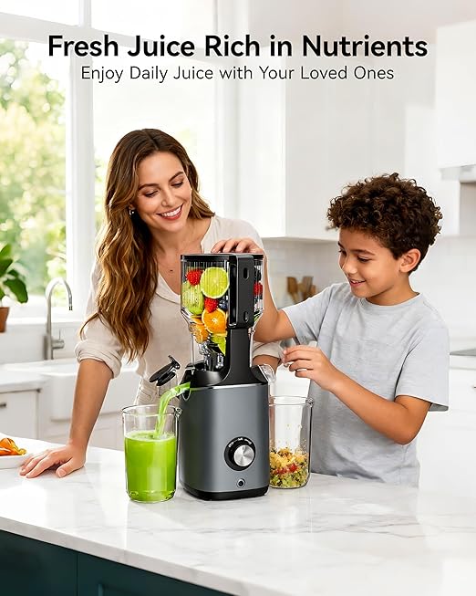 Cold Press Juicer, EUHOMY 5.4" Wide Feed Chute Juice Extractor Machine with 400W, High Juice Yield, Slow Masticating Juicer for Whole Vegetables & Fruits, Deep Gray