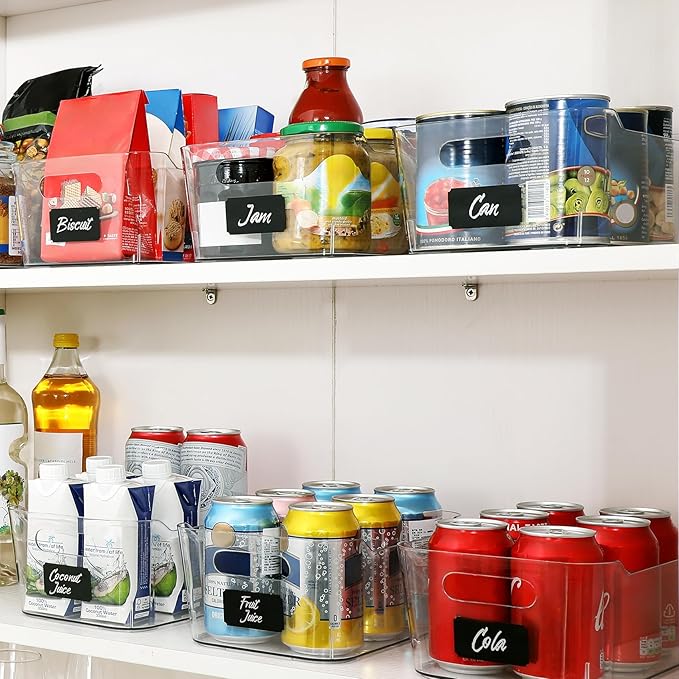 12 PACK Multi-Use Clear Plastic Storage Bins for Organizing w/ Labels - Home, Kitchen, Bathroom, Office, Pantry Cabinet Shelf Organizer Bins - SOHO Collection, RV, Fridge Organization Containers