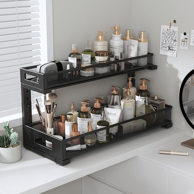 2 Pack 19IN Depth Under Sink Storage Organizer, Large 2-Tier Elegant Mesh Pull Out Shelf for Kitchen and Bathroom Cabinet Organization, L-Shaped and Adjustable Height Design-Black