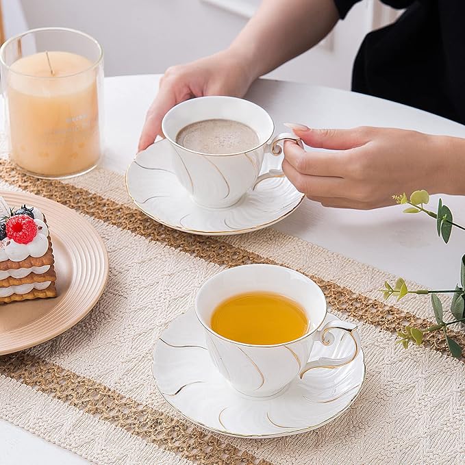 tea cups and saucers ceramic coffee mug 6oz for Coffee, Latte, Cafe Mocha and Tea-Set of 4, White