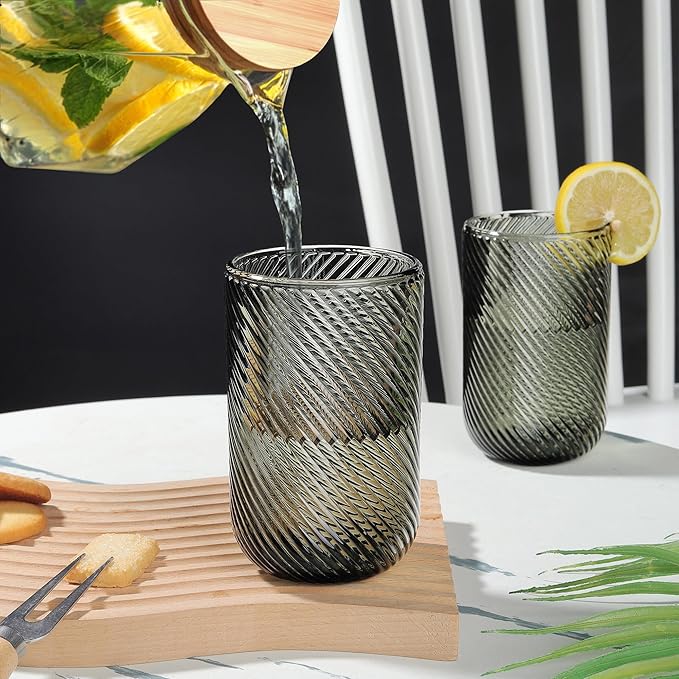 Joeyan Vintage Drinking Glasses,Ribbed Embossed Colored Highball Water Glasses Cups,Colorful Tumbler Glassware for Beverages Cocktail Whisky Beer Juice,14 oz,Set of 4,Dishwasher Safe