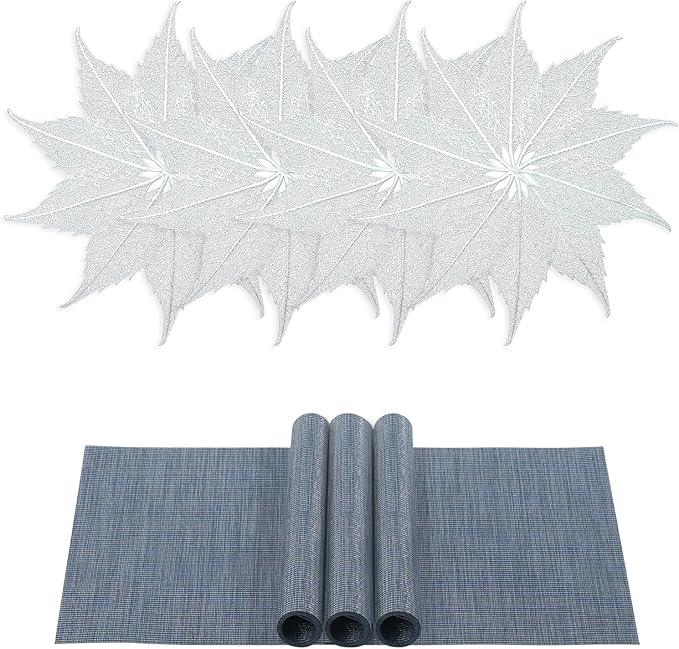 BACKTOEDEN Placemats Set of 4 Heat Resistant Washable Wipeable Placemats Woven Non-Slip Foldable Vinyl/Plastic Placemat Indoor/Outdoor Place Mats Kitchen Dining Table Mats, Silver Maple Leaf & Blue