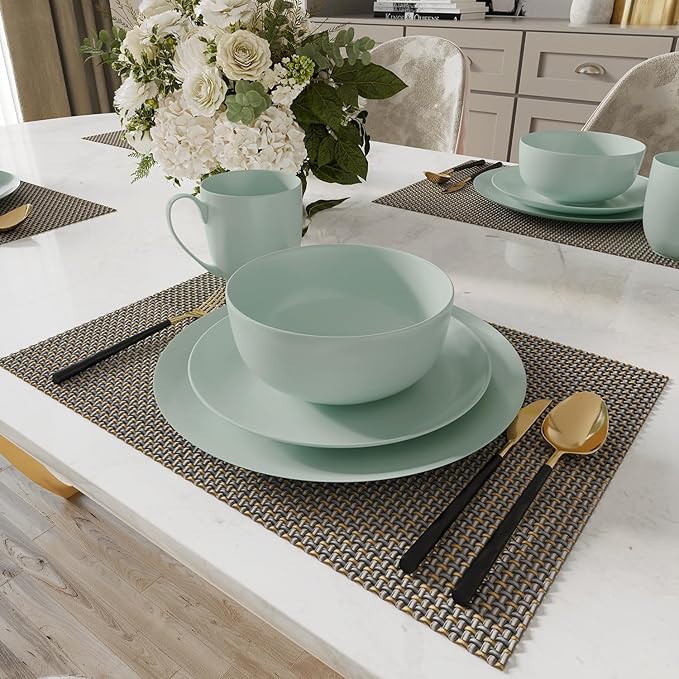 Yoshy 16-Piece Green Bone China Dinnerware with Lightweight Durable Chip Resistant Design Service for 4