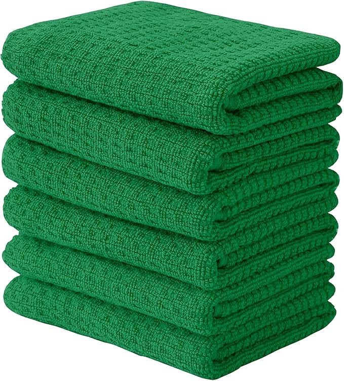 CRAFTSWORTH Kitchen Towels, 15 x 26 Inches, Pack of 6, 400 GSM, 100% Ring Spun Cotton, Striped Solid Green Cotton Dish Towels Super Soft and Absorbent, Tea Towels and Bar Towels