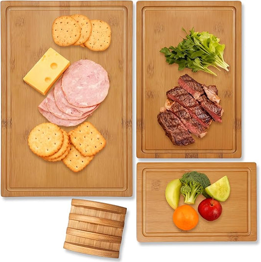 Carbonized Bamboo Cutting Board Set of 3 with Holder – Natural Reversible Kitchen, Charcuterie & Cheese Boards – Holiday Hosting Essentials. (S M L with Holder)