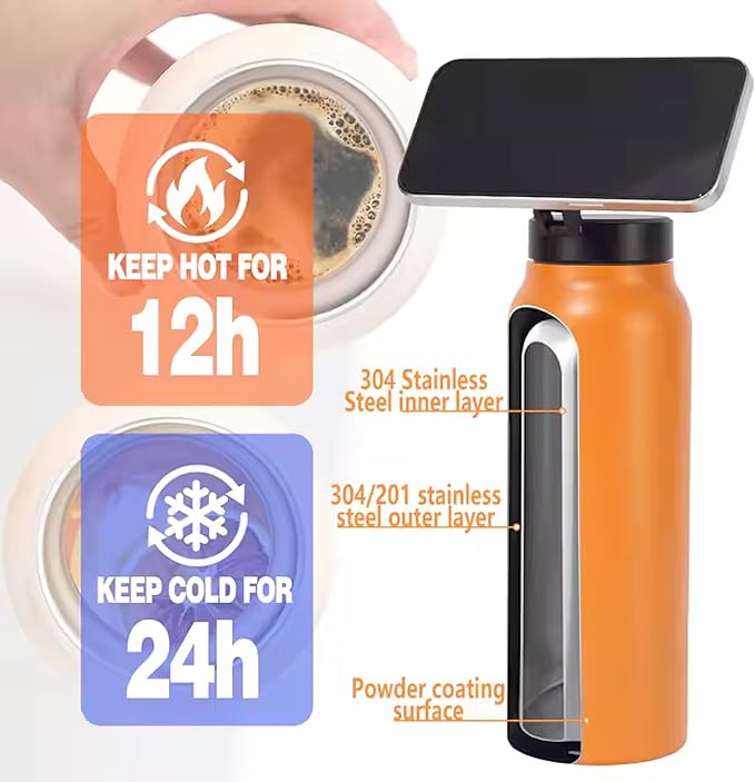 Tumbler with Magnetic Lid – 24 oz Stainless Steel Insulated Cup, Built-in Phone Tripod, Hot & Cold Drinks, Modern & Durable Design (Blue)