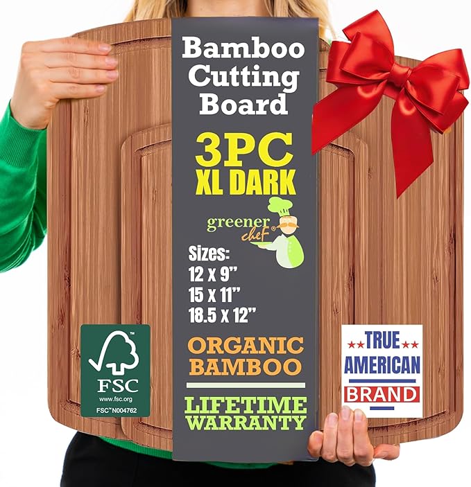 Organic Wooden Cutting Boards for Kitchen with Lifetime Replacements - 3pc Set Non Toxic Bamboo Chopping Board for Charcuterie, Meat, Vegetables and Fruits - Ideal Kitchen Gifts for Home Chefs
