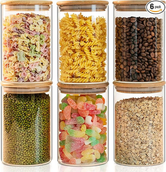 50oz Glass Food Storage Jars Set of 6,Glass Storage Containers Clear Glass Food Canister with Bamboo Lid Airtight For Serving Tea, Coffee, Flour, Sugar, Candy, Cookie, Spice and More (Round)
