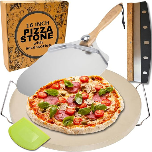 Round Pizza Stone for Oven 16 inch - Large Pizza Stone with Handles, Metal Pizza Peel, Pizza Cutter and Dough Tool - Baking Stone for Oven Bread - Thick Heavy Duty Cordierite Baking Stones