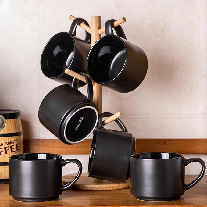 GBHOME 14 OZ Coffee Mugs Set of 6, Stackable Ceramic Mugs for Men, Women, Modern Coffee Cups With Stable Base for Latte, Tea, Cappuccino. Dishwasher & Microwave Safe, Matte Black