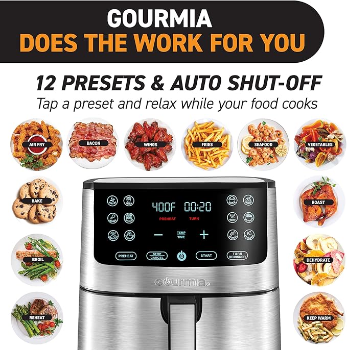 Gourmia Air Fryer Oven Digital Display 8 Quart Large AirFryer Cooker 12 Touch Cooking Presets, XL Air Fryer Basket 1700w Power Multifunction GAF838 Black and stainless steel air fryer