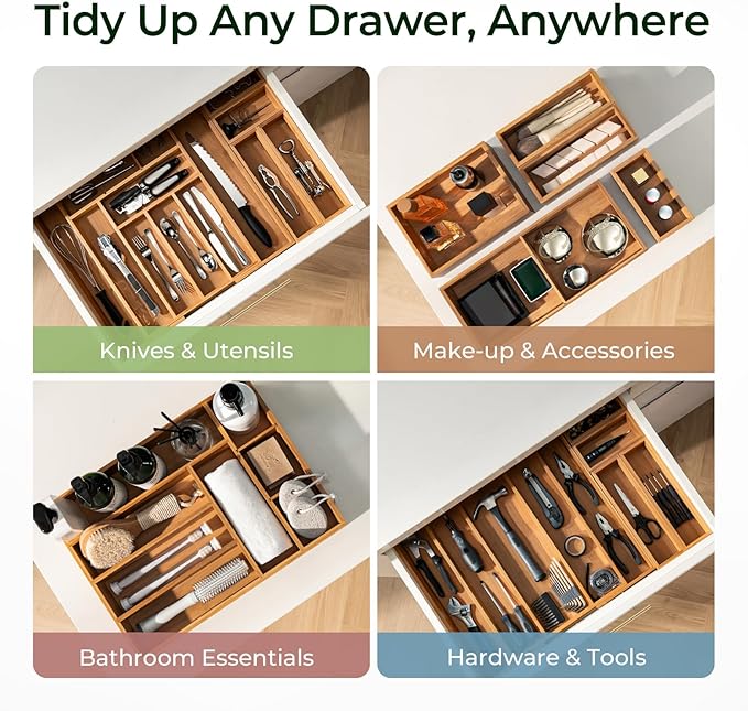 Carbonized Bamboo Kitchen Drawer Organizer, 8 Slots Silverware Organizer, Utensil Holder & Cutlery Tray, 2.2" Deep for Extra Capacity, Non-Slip Feet Included