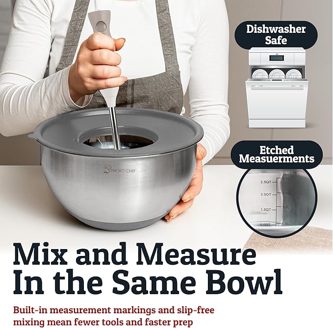 Priority Chef Stainless Steel Mixing Bowls with Lids Set, Metal Nesting Bowls with Airtight Lids, Graters, Non-Slip Base & Measurement Marks, Includes Utensil Set for Prep, Baking & Storage, Grey