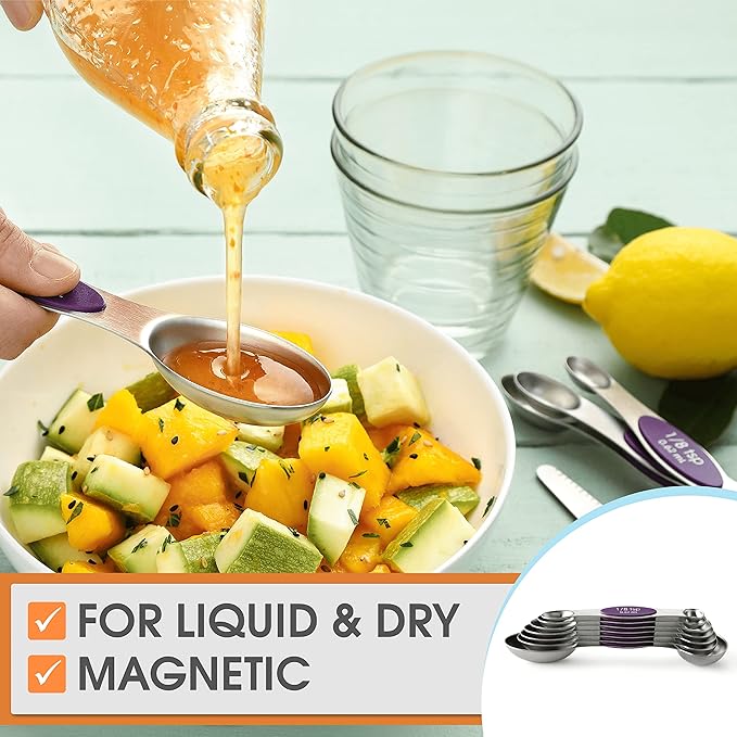 Spring Chef Purple Stainless Steel Magnetic Measuring Spoons Set of 8 with Leveler, Dual Sided Metal Teaspoon & Tablespoon Measuring Spoons, Kitchen Gadgets for Baking & Cooking, Fits in Spice Jars