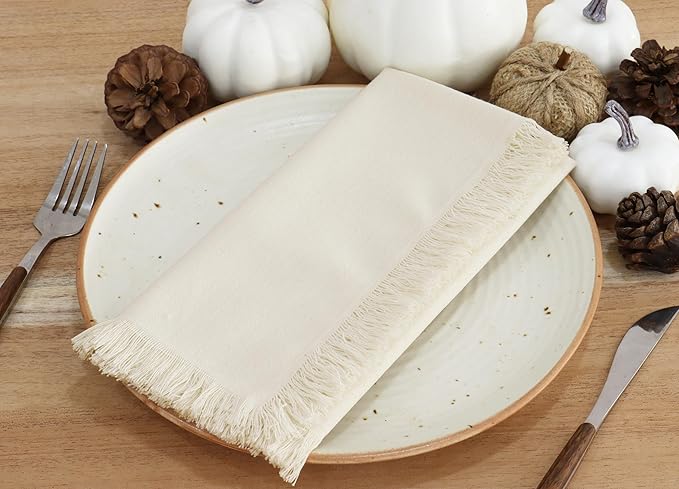 PurpleEssences Cloth Napkins with Fringes, 100% Cotton Christmas Holiday Winter Table Decor, Set of 6 18x18 Inch Reusable Dinner Napkins for Parties and Weddings - Beige