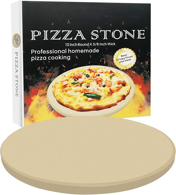 Round Pizza Stone, Heavy Duty Cordierite Pizza Grilling Stone, Baking Stone, Pizza Pan, Perfect for Oven, BBQ and Grill, Thermal Shock Resistant, Durable and Safe, 12 Inch Round, 4.6Lbs