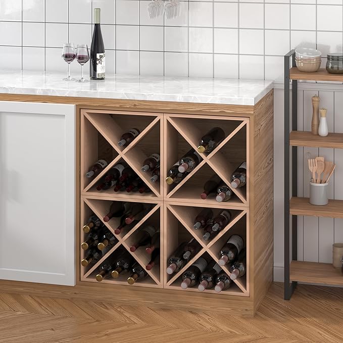 JAXPETY 96 Bottle Wine Rack Countertop Wine Storage Cube Freestanding Wine Holder Wood Storage Shelf for Home Kitchen Bar