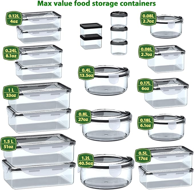 44 Pcs Food Storage Containers with Lids Airtight- 22 Stackable Boxes-22 Lids) Plastic Meal Prep Container for Pantry Kitchen Organization, Microwave, Dishwasher, Freezer Safe -100% Leak Proof