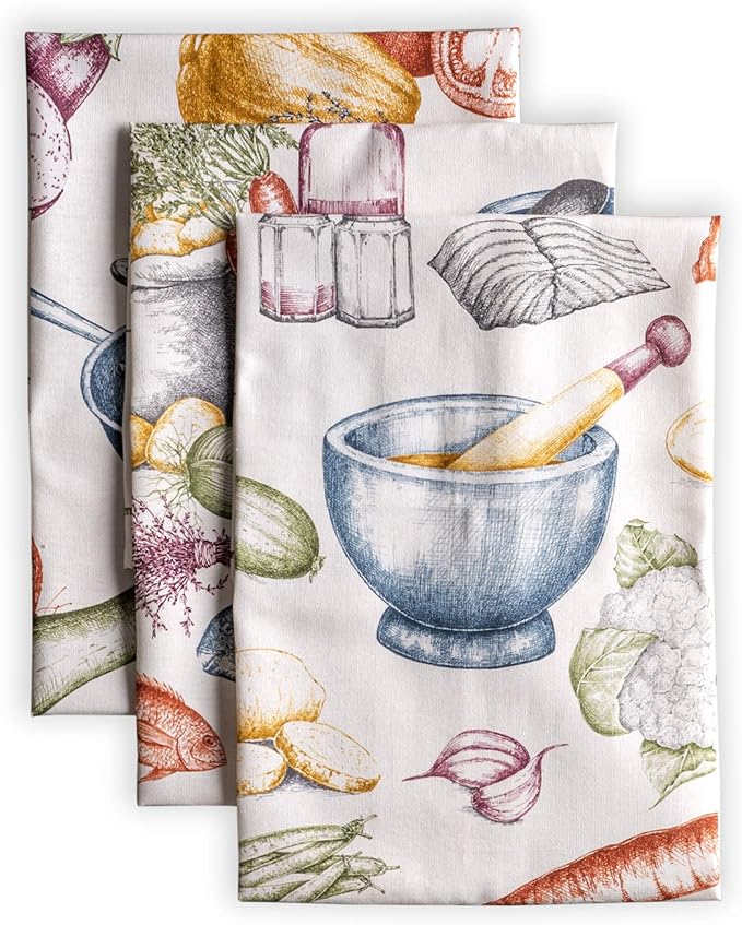 Maison d' Hermine Kitchen Towels Set of 3 100% Cotton 27.50" x 20" Reusable Cloth Tea Dish Towels Absorbent with Hanging Loop for Kitchen, Home, Dining, Cocktail Parties Spring/Summer (Gastronomie)