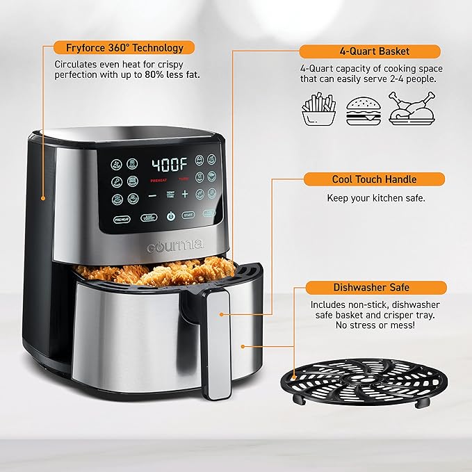 Gourmia 4-Qt Digital Air Fryer with Guided Cooking, Easy Clean, Stainless Steel
