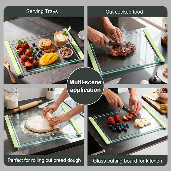 Tempered Glass Cutting Board Set for Kitchen Counter - Dishwasher Safe with Juice Grooves, Non-Slip Silicone Edges & Beveled Grip - 16"x12" & 12"x8" Serving Tray (Green)