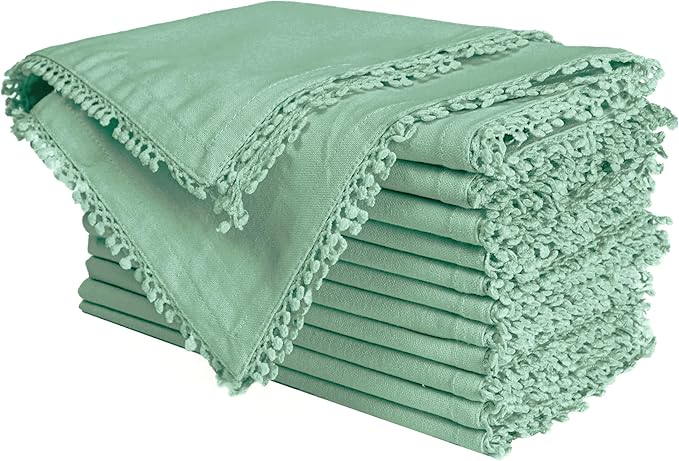 Bedding Craft Cotton Cloth Dinner Napkins Set of 12 – 18x18 Teal with Decorative Lace Selvedge – Reusable Machine Washable Fabric Napkins for Weddings, Baby Showers, Parties & Table Décor