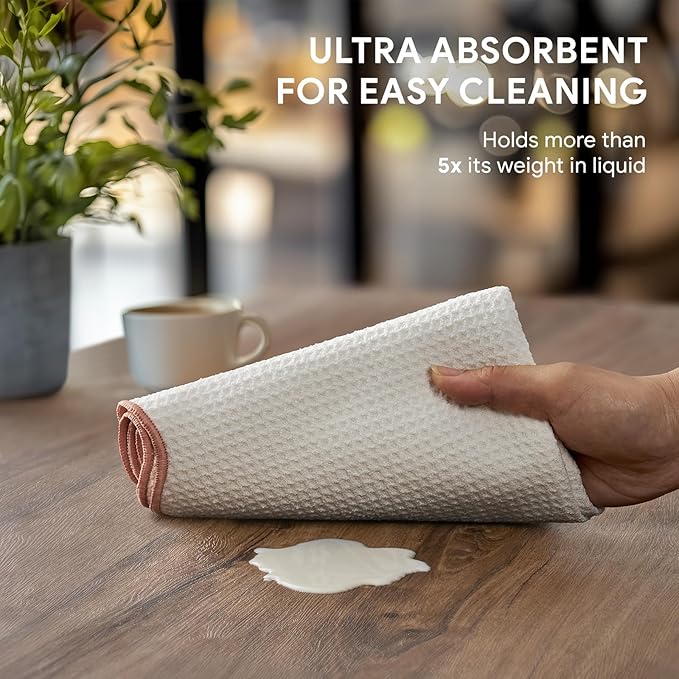 RECYCO Waffle Kitchen Towel Set of 2 - Quick Dry Microfiber Sustainable Dish Towels - Ultra Absorbent Reusable Cleaning Tea Towels - Lightweight Hand Towels,16”x 28”, Coral Pink