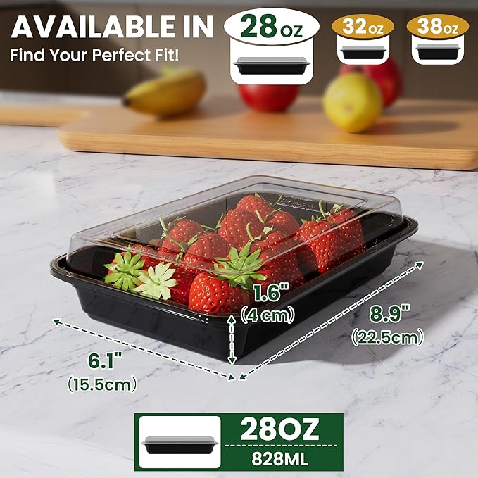 28oz Meal Prep Containers [50-Pack], Reusable Bento Box with Easy-Snap Leakproof Lids - Microwave, Dishwasher & Freezer Safe Food Storage, BPA-Free Plastic Lunch Containers (Black)