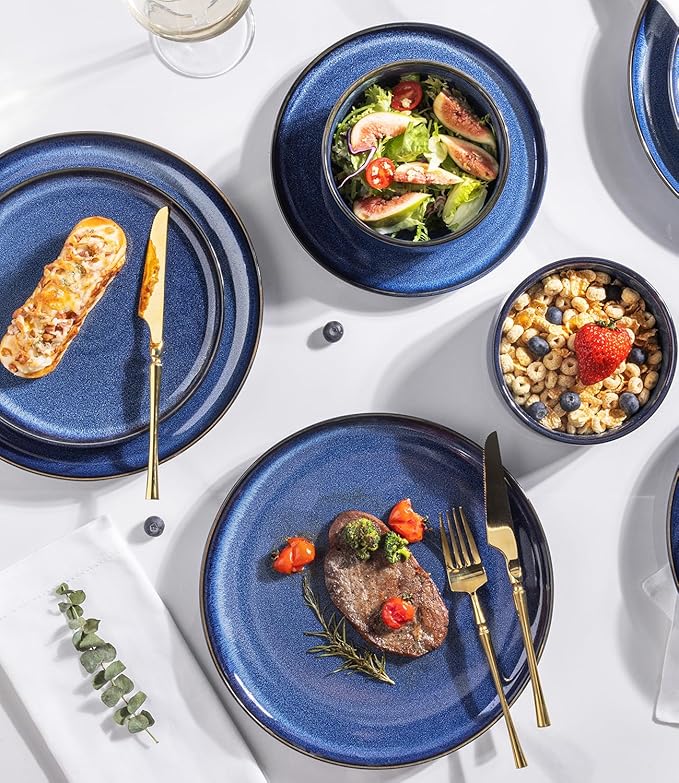 TheTerra Ceramic Dinnerware Sets for 4, 12 Pieces Handmade Reactive Glaze Plates and Bowls Set, Scratch Resistant Dish Set, Oven & Microwave & Dishwasher Safe, Blue