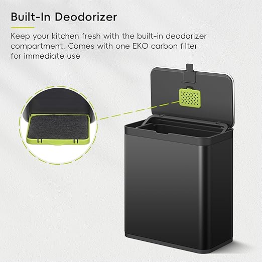 EKO Kitchen Compost Bin, 7L / 1.85 Gal Stainless Steel with Removable Inner Bucket and Deodorizer Compartment, 2-in-1 Countertop Compost Bin with Lid, Food Waste Caddy for Kitchen (Matte Black)