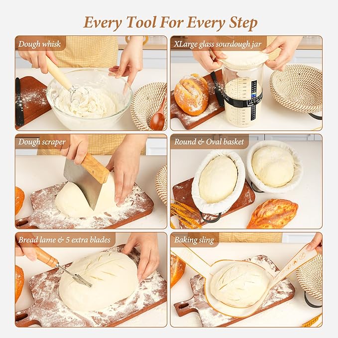 Handmade Cotton Rope Banneton Bread Proofing Basket Set, 50oz Sourdough Starter Jar - Oval & Round Bread Baskets, Sourdough Starter Kit, Bread Making Tools Kit, Black