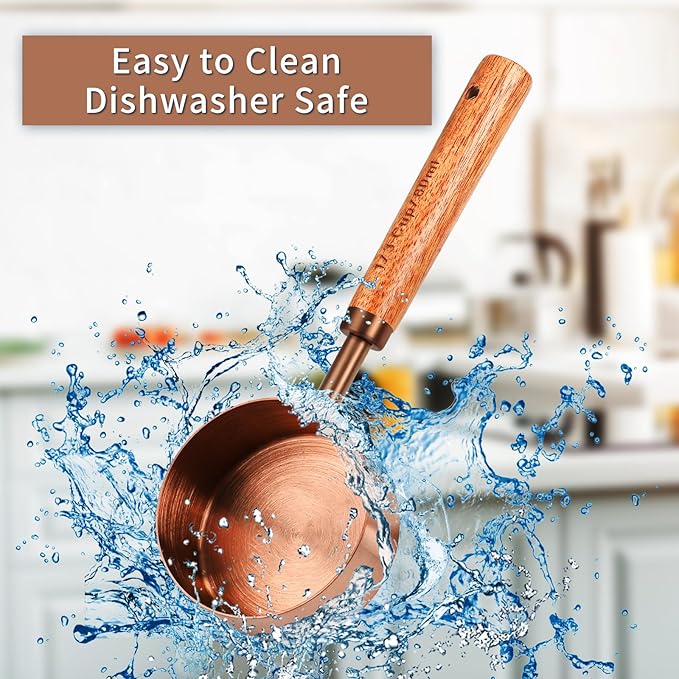 Measuring Cup with Wooden Handle, 1 Cup Titanium-plating 250ml Stainless Steel, Rose Gold