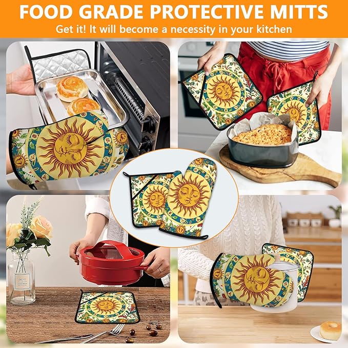 Sun and Moon Oven Mitts and Pot Holders Sets 4Pcs,Extra Long Oven Gloves Potholder for Kitchen Cooking Baking BBQ 100% Cotton Heat Resistant
