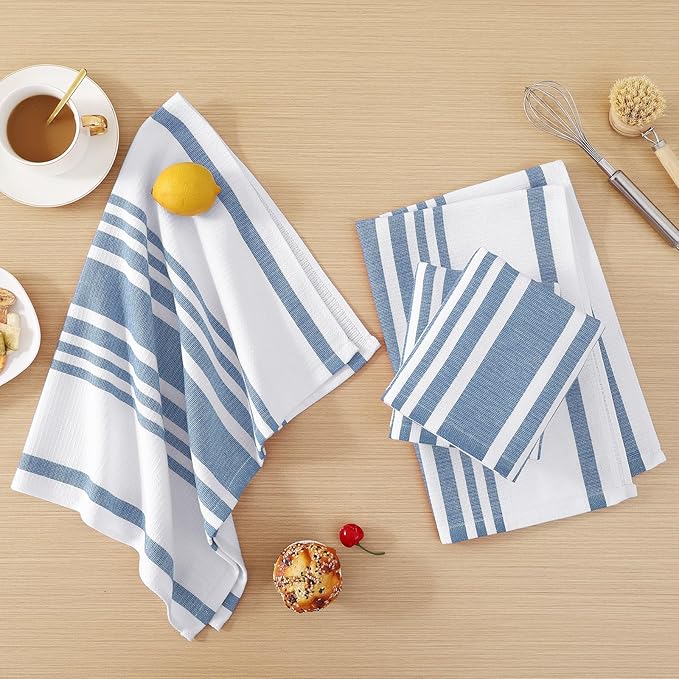 Homaxy Premium Kitchen Towels 18”x 28”, Large Cotton 380 GSM Kitchen Hand Towels, Stripe and Terry Dish Towel, Highly Absorbent Tea Towel Set with Hanging Loop, 8 Pack, Navy Blue