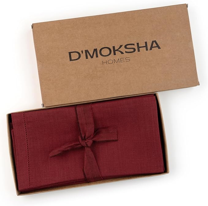 D'Moksha Homes Dark Red Linen Napkins Set of 8 - Classic Hemstitch 100% Pure Linen Hemstitch Dinner Napkins 20 x 20 Inch for Fall, Thanksgiving, Christmas, Holiday - Handcrafted and Machine Washable