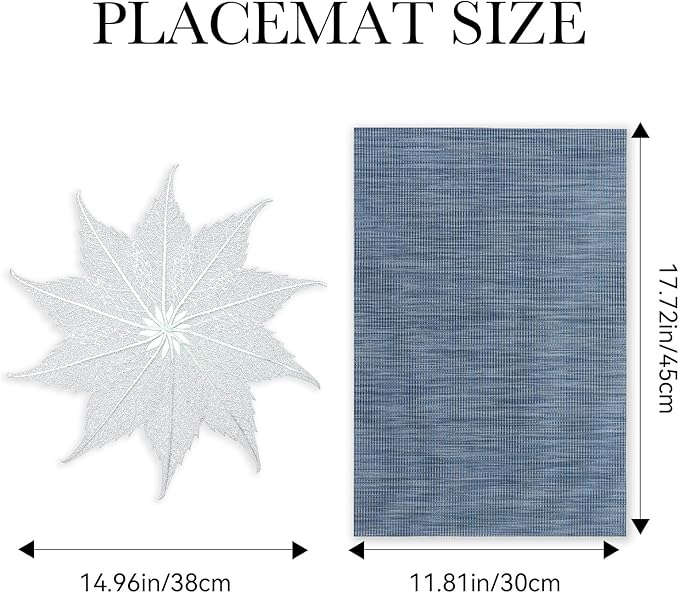 BACKTOEDEN Placemats Set of 4 Heat Resistant Washable Wipeable Placemats Woven Non-Slip Foldable Vinyl/Plastic Placemat Indoor/Outdoor Place Mats Kitchen Dining Table Mats, Silver Maple Leaf & Blue