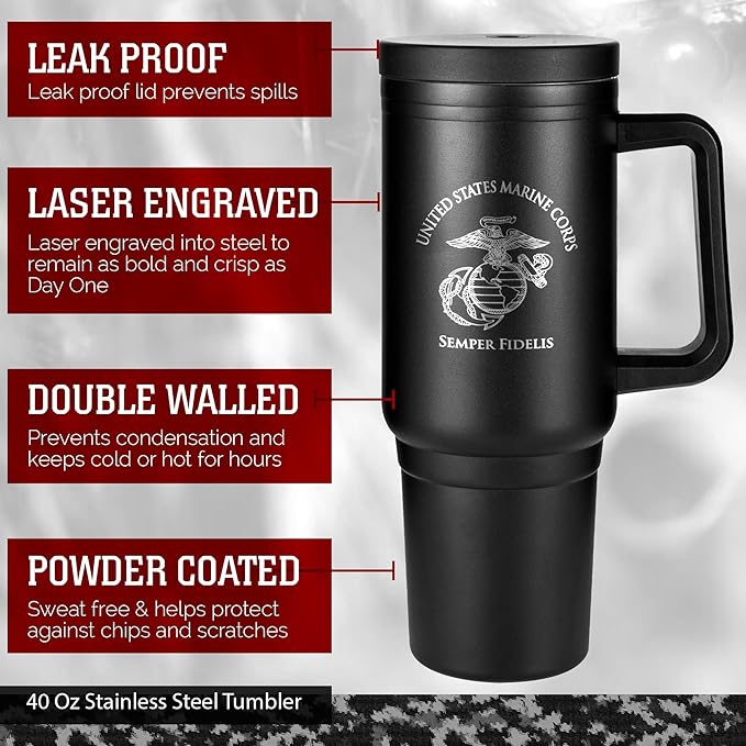 40oz Insulated Marine Corps Tumbler with Handle, Lid & Straw - USMC Gifts - Use for Water, Tea, Coffee & More-Disabled USMC Vet | USMC 40oz Tumbler
