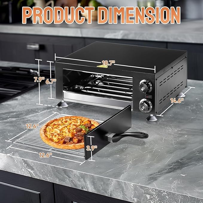 ROVSUN Electric Pizza Oven, 110V 1100W Stainless Steel Pizza Baker with Auto Shut-off, Handle, Removable Crumb Tray, Countertop Pizza Maker for Kitchen Commercial Home-Black