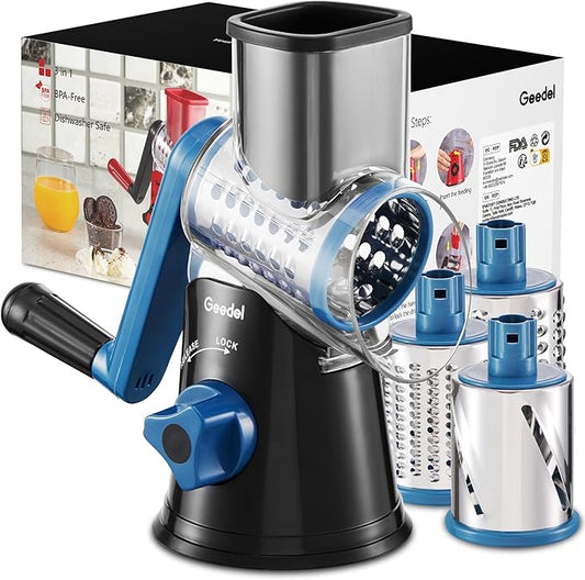 Geedel Rotary Cheese Grater, Kitchen Mandoline Vegetable Slicer with 3 Interchangeable Blades, Easy to Clean Rotary Grater Slicer for Fruit, Vegetables, Nuts