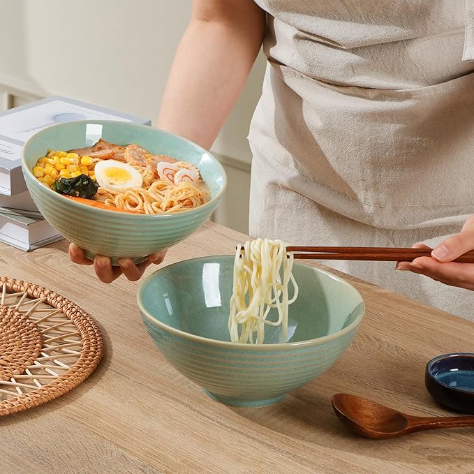 NUTRIUPS Set of 2 Ceramic Ramen Bowls with Spoons & Chopsticks, 40oz Large Soup Bowls for Udon, Miso, Noodles (Mossy Glaze)