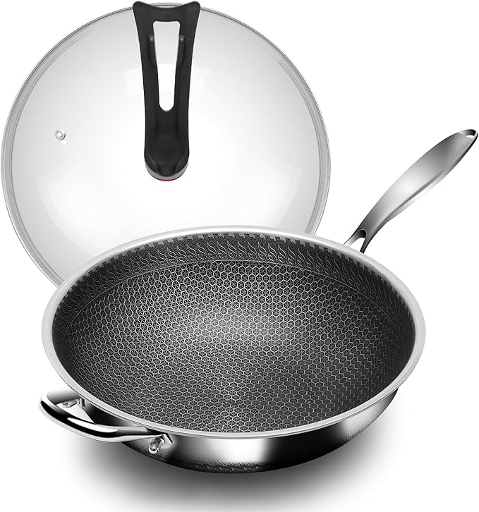 Wok, 12 Inch Stainless Steel Wok, Hybrid Nonstick Woks & Stir-fry Pans with Lid, Honeycomb Wok Pan with Stay-Cool Handle, Dishwasher and Oven Safe, PFOA Free Cookware