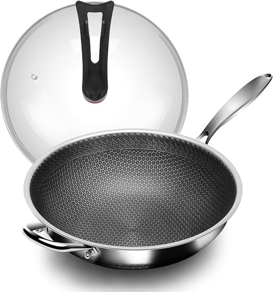 Wok, 12 Inch Stainless Steel Wok, Hybrid Nonstick Woks & Stir-fry Pans with Lid, Honeycomb Wok Pan with Stay-Cool Handle, Dishwasher and Oven Safe, PFOA Free Cookware
