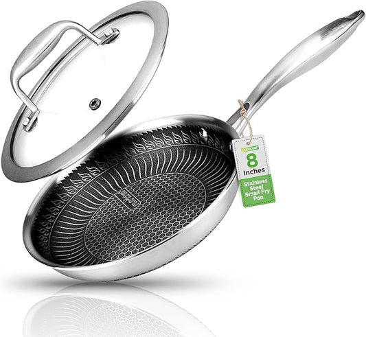 NutriChef 8" Stainless Steel Frying Pan - Triply Kitchenware Stir Fry Pan Kitchen Cookware w/DAKIN Etching Non-Stick Coating, Scratch-resistant Raised-up Honeycomb Fire Textured Pattern - NC3PL8