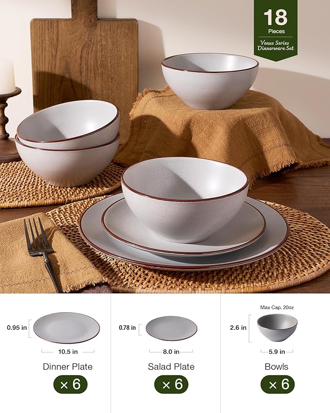 Famiware Venus Plates and Bowls Sets, 18 Pieces Stoneware Dinnerware Sets, Speckled Dishes Set for 6, Microwave and Dishwasher Safe, Matte Light Grey