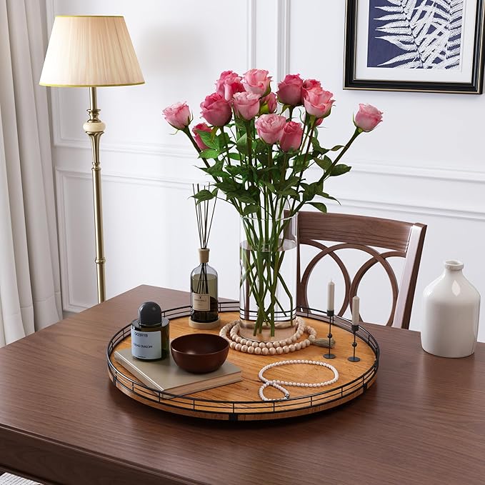 Farmhouse Oak 21" Lazy Susan Turntable Organizer for Cabinet, Round Wooden Lazy Susan Organization and Storage for Dining Table, Pantry, Kitchen, Countertop, Cupboard,Home Decor, Walnut (21)