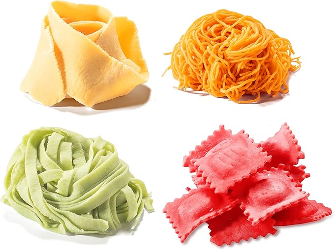 Pasta Maker Deluxe Holiday Set- Stainless Steel Machine w 3 Interchangeable Attachments- Make 5 Different Pastas- Spaghetti Fettuccini Angel Hair Noodle Ravioli Lasagnette- Durable Cutters, Xmas Gift