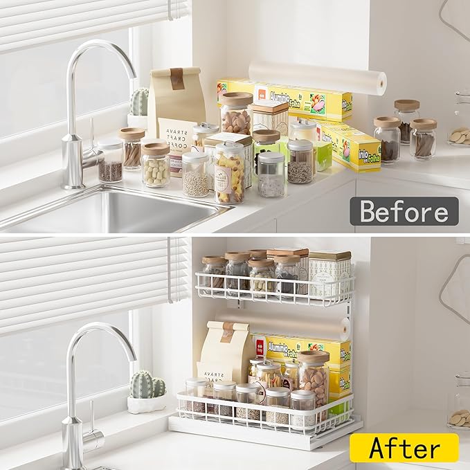 Under Sink Organizer, Adjustable Height Pull-Out Kitchen Storage Organization,15.8" x 11.8" x 16.5",2-Tier Kitchen Shelf,Bathroom Drawer Organizer, White
