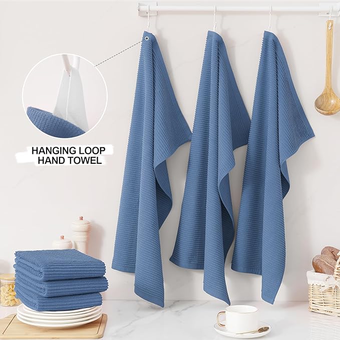 Homaxy Premium Kitchen Towels (18"x 28", 8 Pack), Large 100% Cotton Kitchen Hand Towels, Ultra Absorbent Ribbed Terry Tea Towels Set with Hanging Loop, Navy Blue