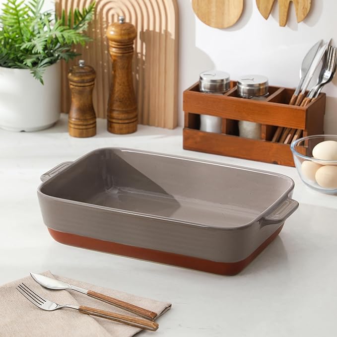 MALACASA 4.8 Qt Lasagne Dishes for Oven, 9 x 13 Inches Brown Ceramic Oven Dish with Handles, Deep Rectangular Baking Dish Casserole Dishes, Lasagna Pan Bakeware for Roasting, Series TARA