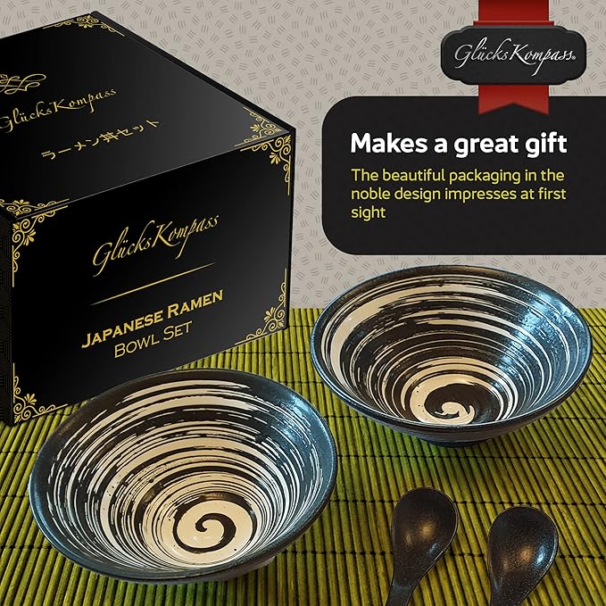 Japanese Ramen Bowl Set made of ceramic (8 pcs) with chopsticks, ceramic spoons, large 8 inches diameter, 32 oz (1 quart) | Pho Bowls Noodle Soup Bowl Asian Rice Bowl Chinese Bowl Thai